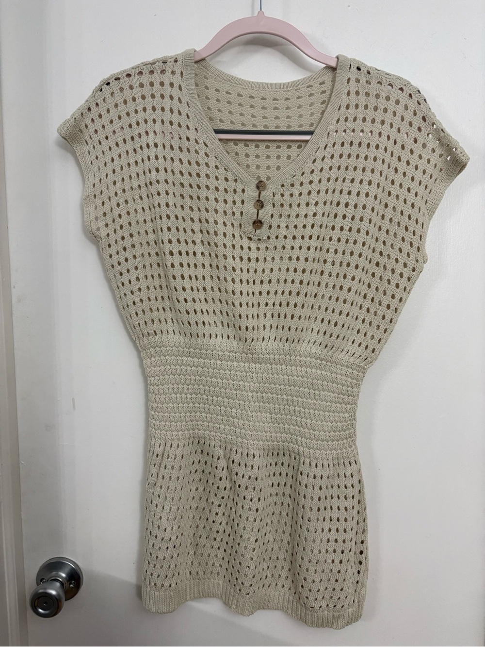 Amazon Cream Crochet Knit Swim Coverup with Button Detail